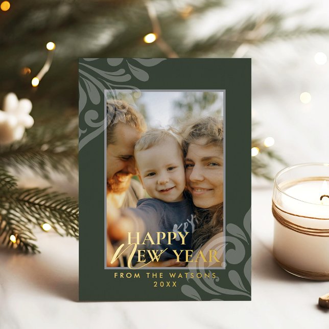 2026 Modern Minimalist Damask Typography Green Foil Holiday Card (Creator Uploaded)