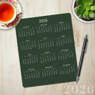 2026 Modern Minimalist Forest Green Calendar Mouse Pad