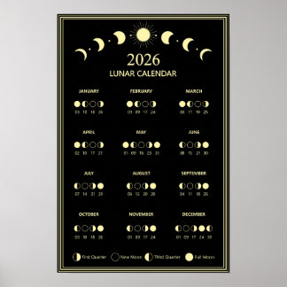 2026 Moon Phase Calendar Lunar Cycles Minimalist Poster