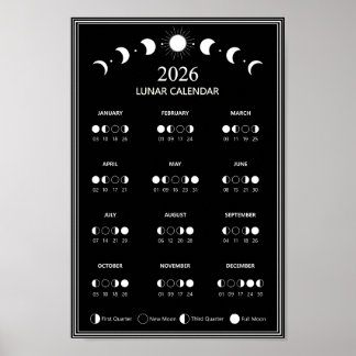 2026 Moon Phase Calendar Lunar Cycles Minimalist Poster