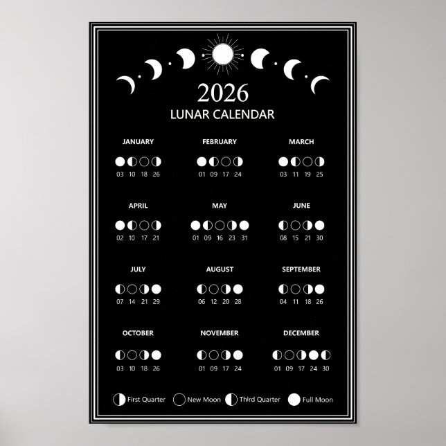 2026 Moon Phase Calendar Lunar Cycles Minimalist Poster (Front)