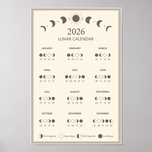 2026 Moon Phase Calendar Lunar Cycles Minimalist Poster (Front)