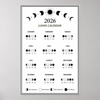 2026 Moon Phase Calendar Lunar Cycles Minimalist Poster