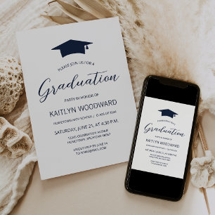 2026 Navy Blue Cap Modern Graduation Party Invitation