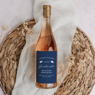 2026 Navy Blue White Script Cap Graduation Wine Label