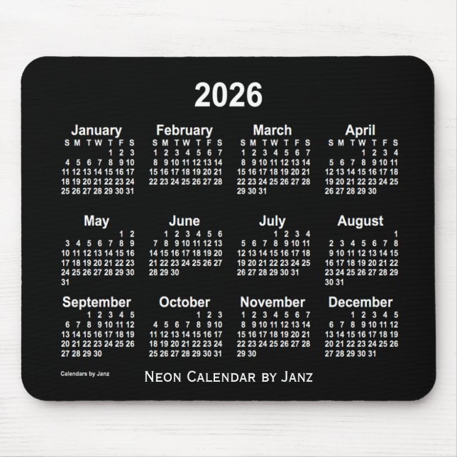 2026 Neon White Calendar by Janz Mouse Pad (Front)