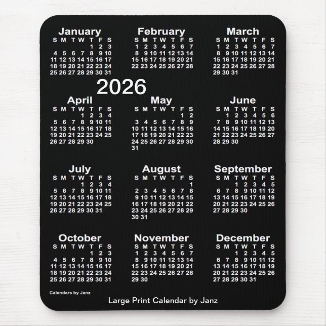 2026 Neon White Large Print Calendar by Janz Mouse Pad (Front)