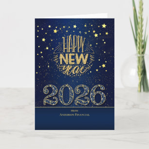 2026 New Year Blue and Gold with Name Holiday Card