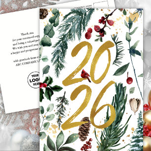 2026 New Year Business Festive Pine Bough Gold Postcard