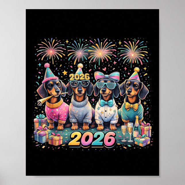 2026 New Year Dachshund Party Fireworks Fun  Poster (Front)