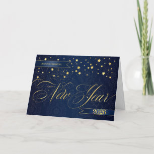 2026 New Year Navy Blue Faux Gold Leaf Stars Holiday Card