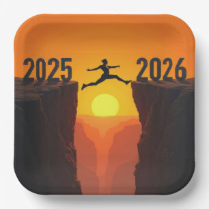 2026 New Year Silhouette Leaping a Cliff Paper Plate