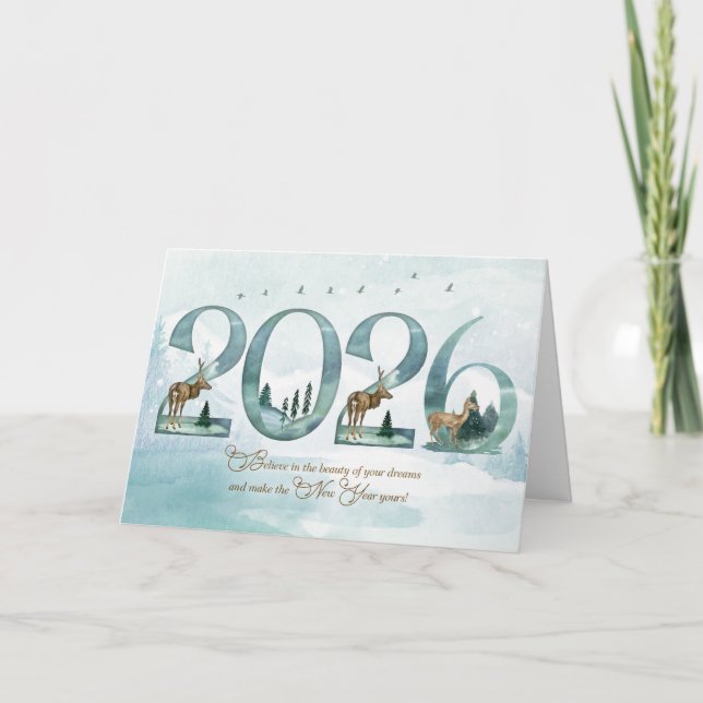 2026 New Year Woodland Forest with Deer and Pines Holiday Card (Front)