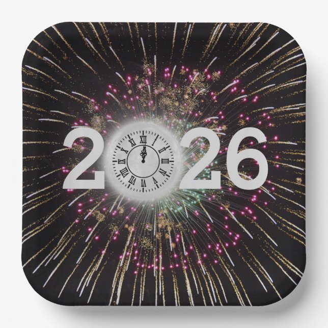 2026 New Years Eve Moon And Clock Paper Plate (Front)