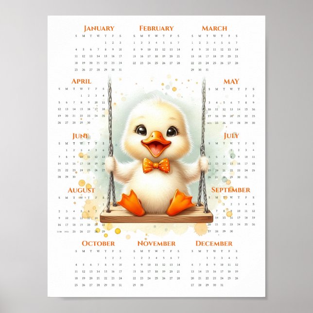 2026 One-Page Calendar Cute Duckling on Swing Poster (Front)