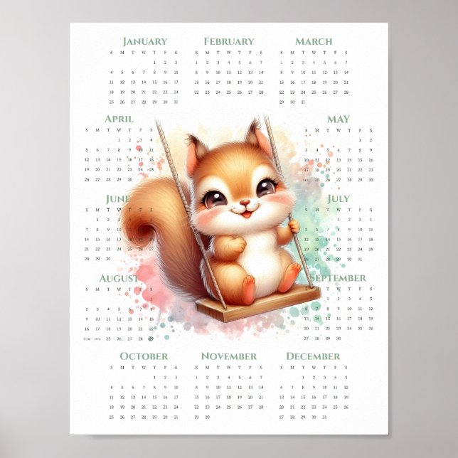 2026 One-Page Calendar Cute Squirrel on Swing Poster (Front)