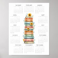 2026 One-Page Calendar Stacked Books and Sunflower