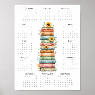 2026 One-Page Calendar Stacked Books and Sunflower Poster
