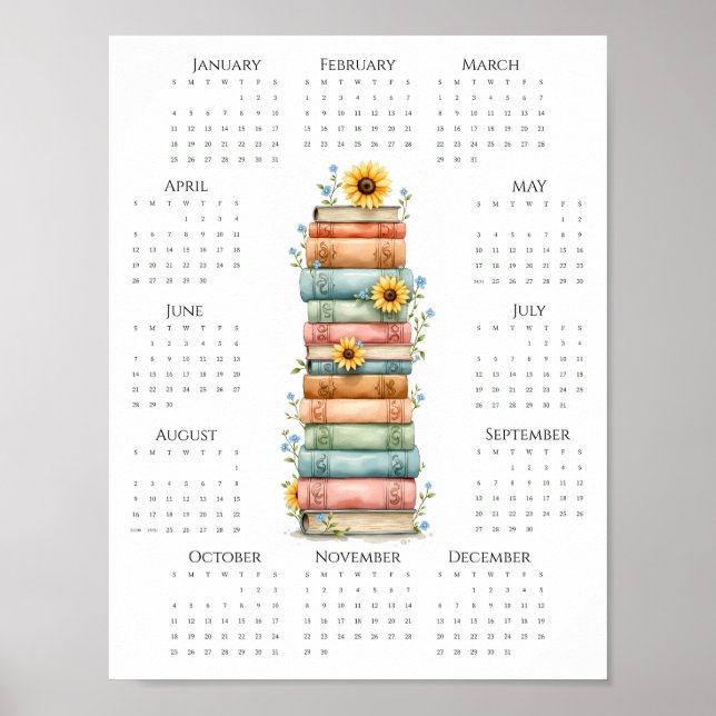 2026 One-Page Calendar Stacked Books and Sunflower Poster (Front)