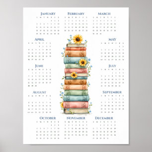 2026 One-Page Calendar Stacked Books Bold Blue Poster