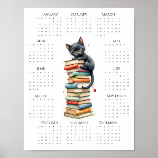 2026 One-Page Calendar with Black Cat and Books Poster