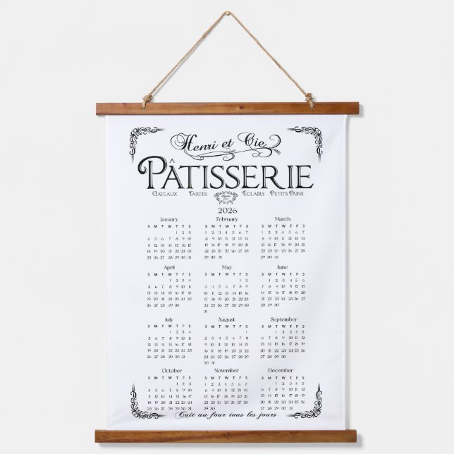 2026 Patisserie wall Calendar, Black and white Hanging Tapestry (Front)