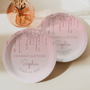 2026 Personalized Pink Glitter Drip Graduation Paper Plate