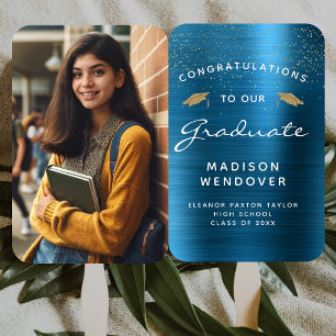 2026 Photo Teal Blue Brushed Metal Graduation Hand Fan