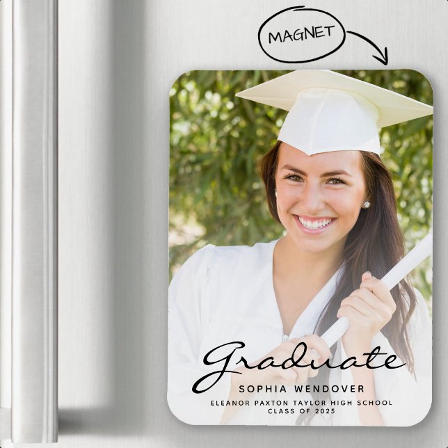2026 Photo White Black Script Grad Announcement Magnet (Creator Uploaded)