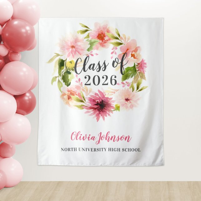 2026 Pink Floral Watercolor Graduation Backdrop Tapestry (Creator Uploaded)