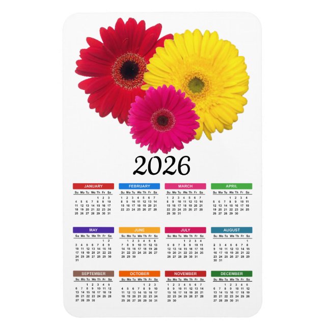 2026 Pink Yellow Red Gerbera Daisy Calendar Magnet (Vertical)