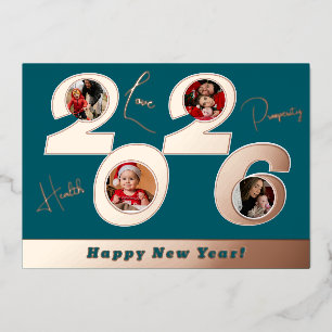 2026 real rose gold foil 4 pictures happy new year holiday card
