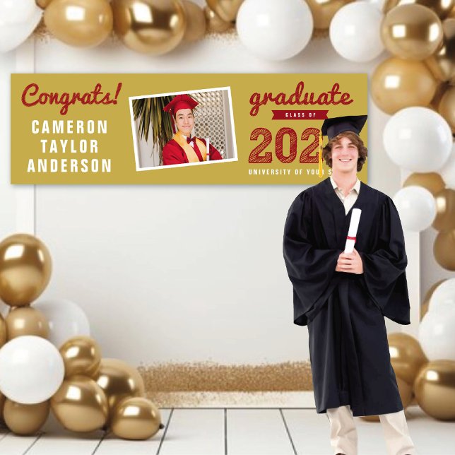 2026 Red Sketch Congrats Photo Graduation Party Banner (20YY Gold And Red Sketch, One Photo Modern Graduation Party Banner @ www.zazzle.com/color_therapy)