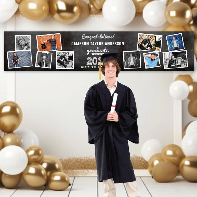 2026 Retro Chalkboard Sketch 10 Photo Grad Party Banner (20YY Black Chalkboard & White Sketch 10 Photo Graduation Party Banner @ www.zazzle.com/color_therapy)