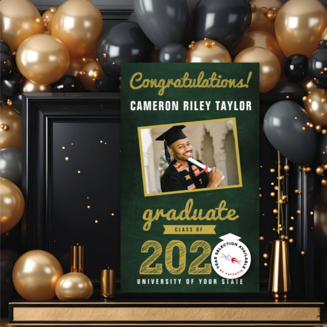 2026 Retro Chalkboard Sketch Photo Graduate Party Banner (20YY Gold Sketch Chalkboard One Photo Modern Graduation Party Banner @ www.zazzle.com/color_therapy)