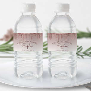 2026 Rose Gold Glitter Drip Graduation Party Water Bottle Label