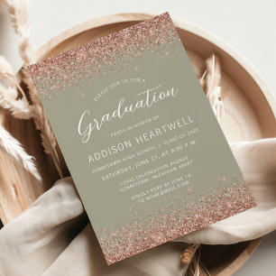 2026 Rose Gold Glitter Sage Green Graduation Party Invitation