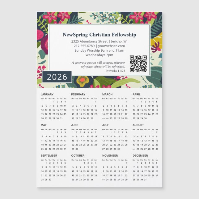 2026 Scripture Calendar Magnet Floral Church Gift (Front)