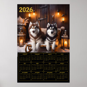 2026 Siberian Huskies on Sled Calendar Poster