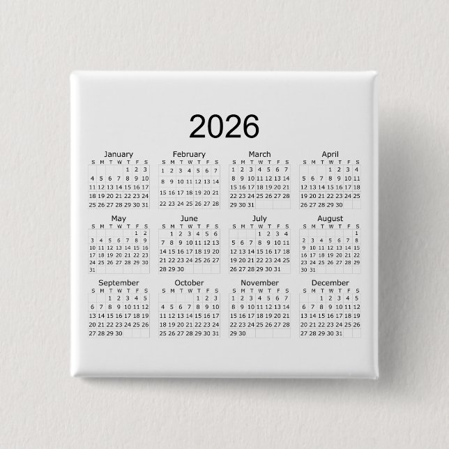 2026 Simple Minimalist Calendar 2 Inch Square Button (Front)