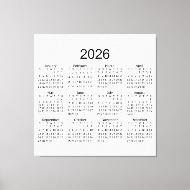 2026 Simple Minimalist Calendar Canvas Print (Front)