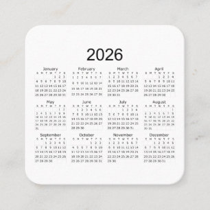 2026 Simple Minimalist Calendar Square Business Card