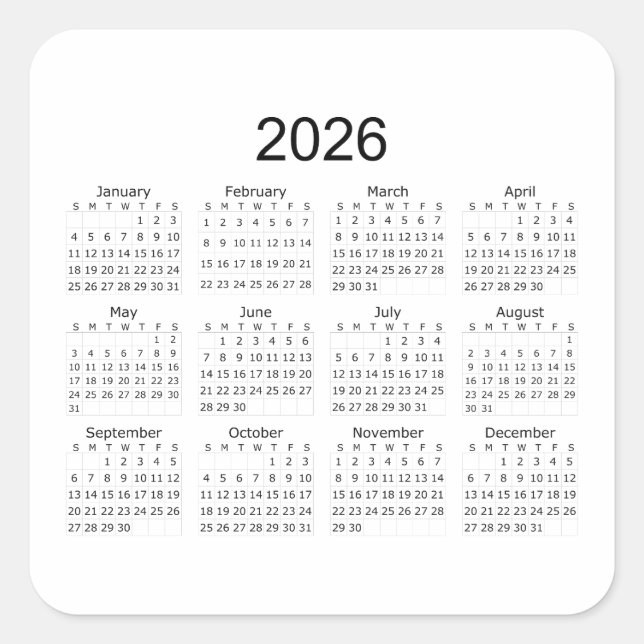 2026 Simple Minimalist Calendar Square Sticker (Front)