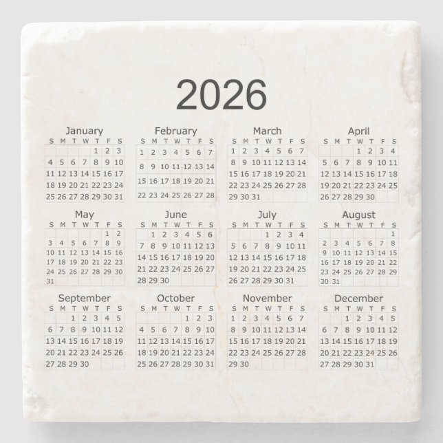 2026 Simple Minimalist Calendar Stone Coaster (Front)