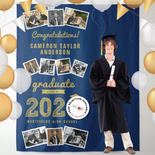 2026 Sketch 10 Photo Blue Graduate Party Backdrop Tapestry (20YY Gold Sketch Graduation Party 9 Photo Backdrop by fat*fa*tin @ www.zazzle.com/color_therapy)