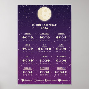 2026 Space Lunar Cycles Galaxy Moon Phase Calendar Poster