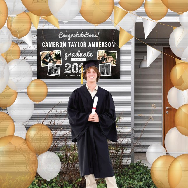 2026 Vintage Chalkboard Sketch 4 Photo Graduation Banner (20YY Black Chalkboard White Sketch 4 Photo Graduation Party Banner @ www.zazzle.com/color_therapy)