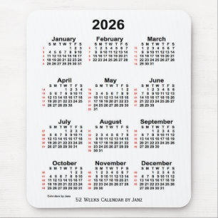 2026 White 52 Week Calendar by Janz Mouse Pad