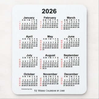 2026 White 52 Week Calendar by Janz Mouse Pad