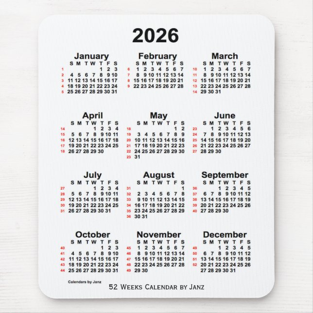 2026 White 52 Week Calendar by Janz Mouse Pad (Front)